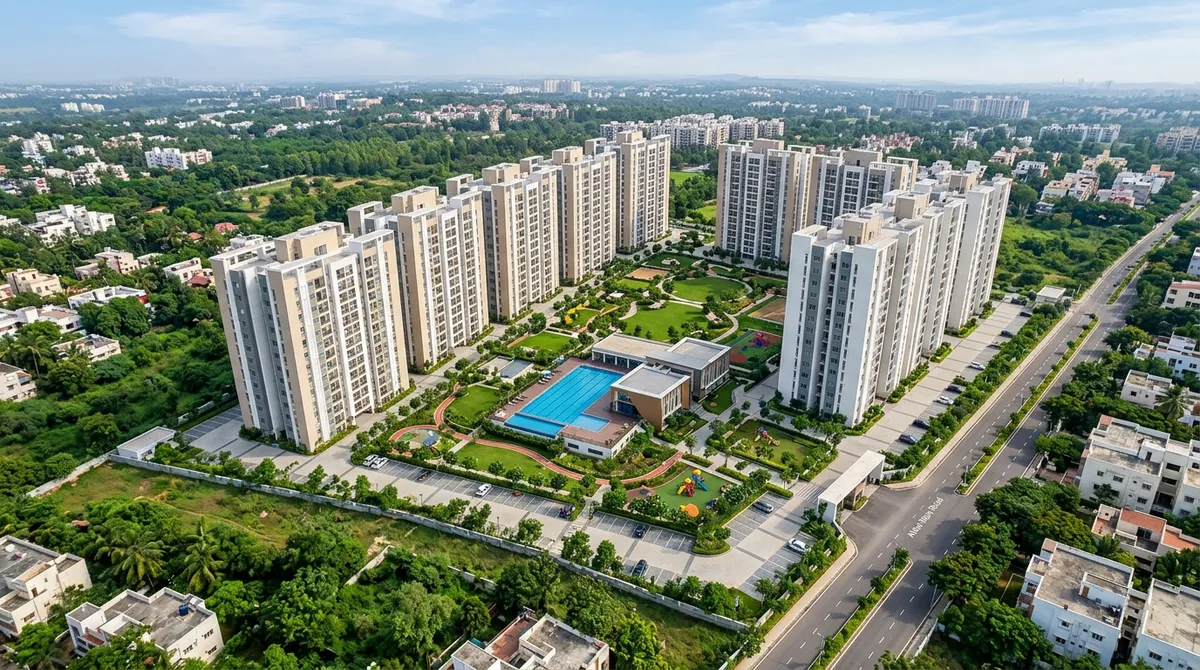 Aerial view of Century WinningKind township at Attur Layout, Yelahanka showing tower layout across 15.7 acres with landscaped discovery zones, clubhouse, and proximity to Attur Lake
