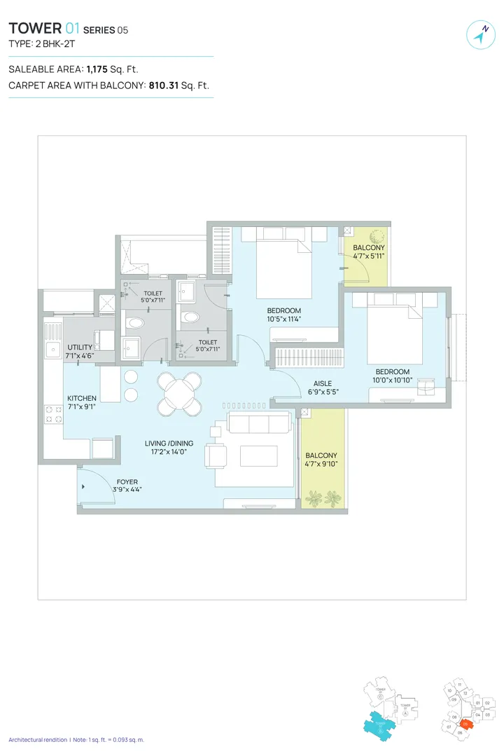 2 BHK floor plan at Century WinningKind showing 1,165 sq ft layout with 2 bedrooms, living-dining area, kitchen and balcony