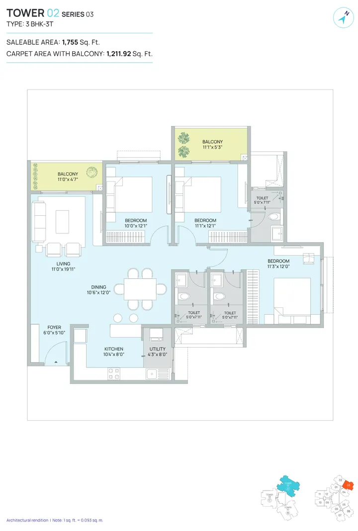 3 BHK 3T floor plan at Century WinningKind showing 1,755 sq ft layout with 3 bedrooms and 3 toilets